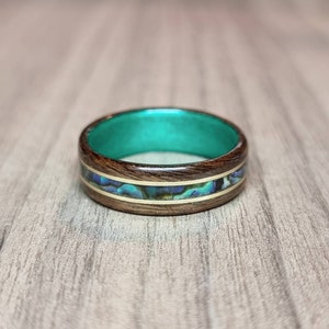 Rosewood & green tulipwood with abalone paua shell and brass inlays ring - Hand made bent wood ring - Wooden wedding band - Engagement