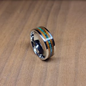 Stainless steel & rosewood ring with green opal - Hand made bent wood ring - Wooden wedding band - Engagement ring -  Jewellery