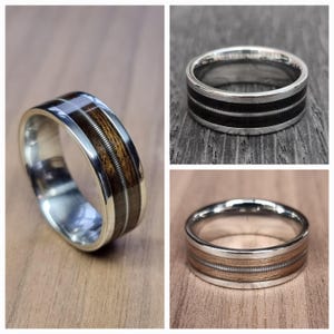 Anillo personalizado de acero inoxidable, madera y cuerda de guitarra - Anillo a medida - Madera curvada hecha a mano - Alianza de boda de madera - Anillo de compromiso alternativo
