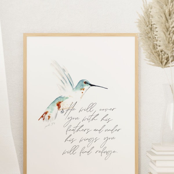 Psalm 91 He will cover you with his feathers Hummingbird Watercolor Print