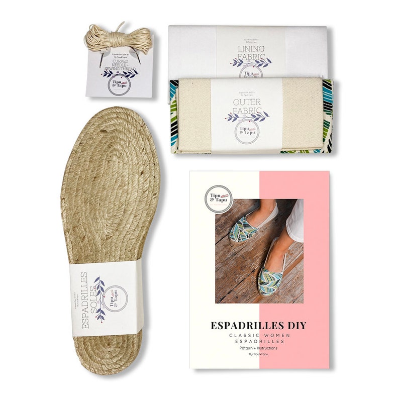 Espadrilles DIY kit woman_Nude Espadrille woman_Woman espadrille leaf print_DIY espadrille kit_Jute sole_Birthday gift handmade_Gift for her image 2