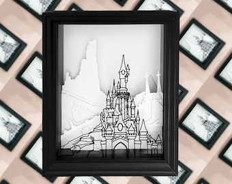 Handmade Disneyland Paris Shadow Box Frame, Big Thunder Mountain, Space Mountain, Sleeping Beauty Castle