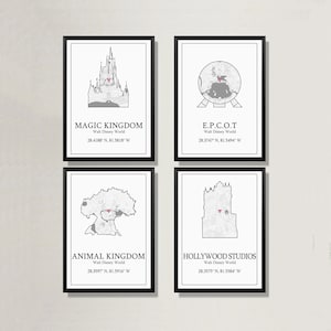 Walt Disney World Map Skizzendrucke, Magic Kingdom, Hollywood Studios, Epzot, Tierreich Koordinaten