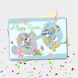Tarjeta de Pascua personalizada de primavera con los patos Donald y Daisy / Tarjeta de felicitación festiva y de celebración