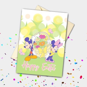 Carte de Pâques printanière personnalisée Mickey et Minnie, panier de fleurs
