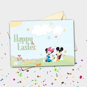 Tarjeta de Pascua personalizada con picnic de primavera de Mickey y Minnie Mouse / Tarjeta de felicitación festiva y de celebración
