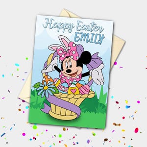 Personnalisée Minnie Mouse Panier d'oeufs de Pâques | Carte de voeux pour les fêtes et les fêtes