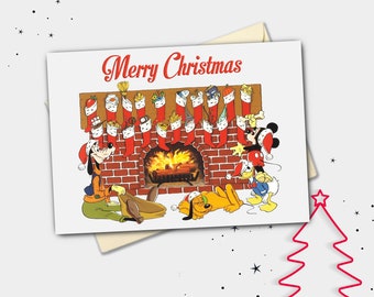 Mickey Goofy and Pluto by the Fire Personalised Christmas Card