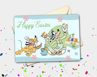 Springtime Goofy and Pluto Decorating Eggs Personalised Easter Card