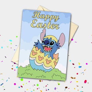 Gepersonaliseerde paaskaart Stitch Eggsploding | Wenskaart voor feestdagen en vieringen
