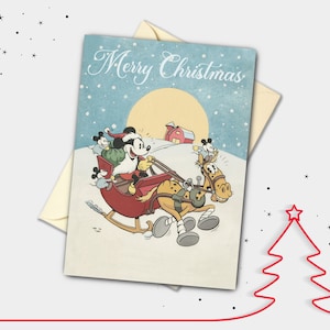 Carte de Noël personnalisée vintage Santa Mickey Mouse traîneau
