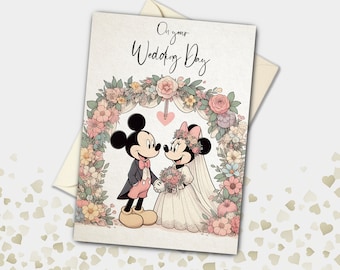 Pastel Mickey and Minnie Mouse Bride and Groom Personalised Wedding Card