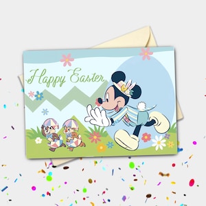 Cartão de Páscoa personalizado Mickey Mouse perseguindo Chip e Dale | Cartão de felicitações de celebração e feriado de primavera