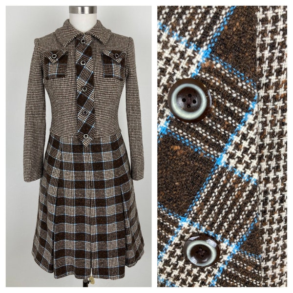 Jaren '70 Wollen Houndstooth-jurk met subtiele geruite rok, maat S