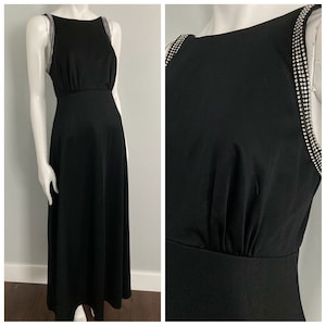 1970s Black Rhinestone Maxi Dress, Party Dress, Grad Dress, Size S