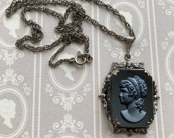 Large Black Cameo Necklace in Filigree Setting, Black Glass Cameo Necklace, Vintage Black Cameo Necklace