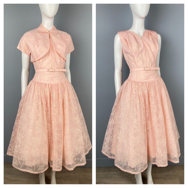 1950s Pink Flocked Chiffon Fit and Flare Party Dress and Bolero, Size M, Vintage Pink Prom Graduation Outfit, Garden Party Dress