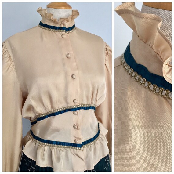 1970s High Neck Blouse With Teal Trim, Size L