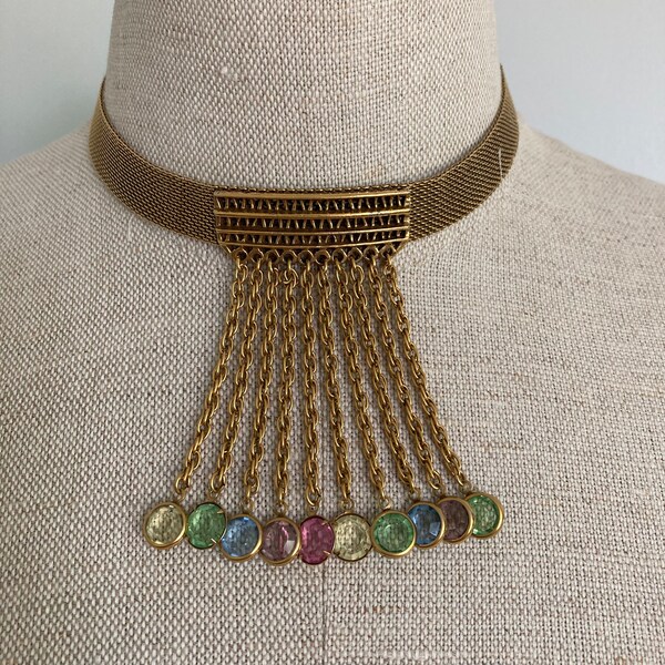 70s sculpted & etched brass collar choker