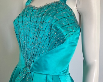 Stunning 50s Heavy Satin Party Dress with Beaded Detail, Size S