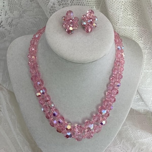 Vintage Sherman Pink Crystal Necklace and Earring Set, Vintage Double Strand Necklace