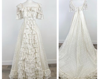 Romantic 1970s Lacey Regency Style Bridal Gown, "Charlotte"