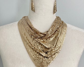 Whiting & Davis Mesh Bib Style Statement Necklace Set, Glamorous Vintage 70/80s Disco Necklace