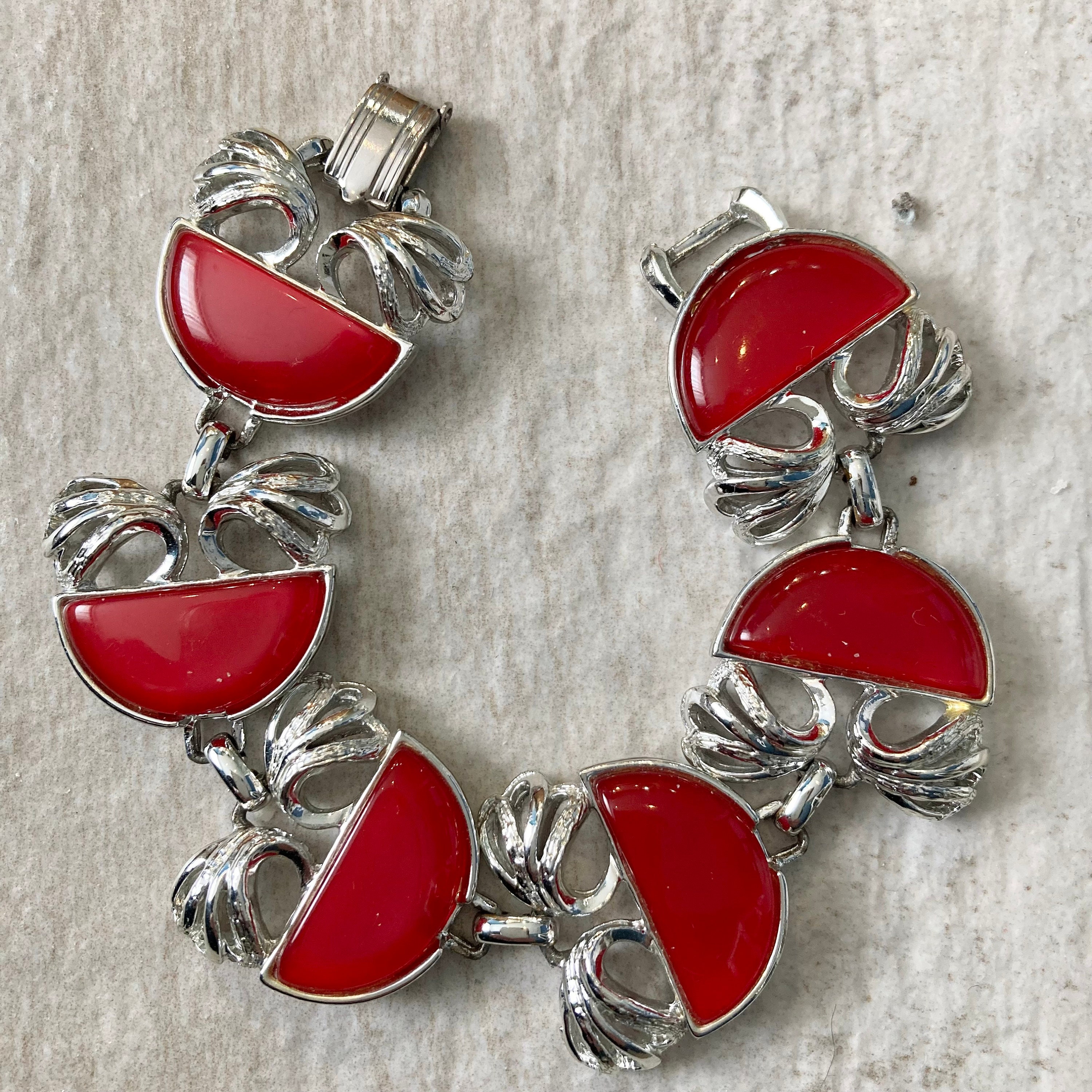 60s Chunky Coro Pegasus Thermoset Bracelet, Vintage Coro Red 