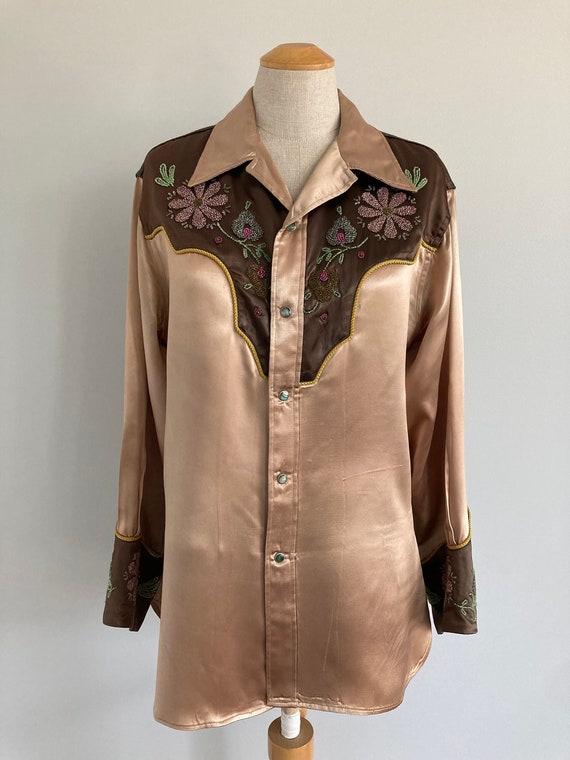 1940/50s Beaded Embroidered Satin Western Shirt, … - image 1