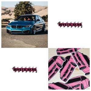 May include: A teal sports car is parked on a paved road. The image also shows several pink car stickers with the text "MYSTICHERS" in a stylized font.