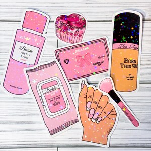 7 Pack - Baddie Stickers - Custom Drawn - Waterproof/Shiny - Girly - Pink Glitery Stickers image 1