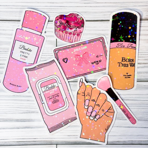 7 Pack - Baddie Stickers - Custom Drawn -  Waterproof/Shiny - Girly - Pink Glitery Stickers