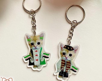 May include: Two keychains featuring cat illustrations. The cats are dressed in outfits with green, black, and red accents. Each keychain has a silver-colored ring and chain. The background is a light pink and white.