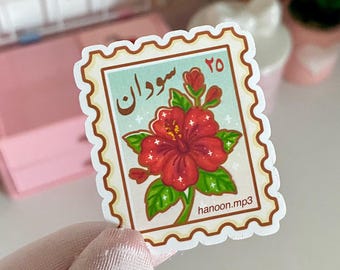 Sudan Hibiscus Flower Stamp Sticker, Sudanese, Freedom, Solidarity, support gift cute arabic stickers for phone case, laptop, water bottle