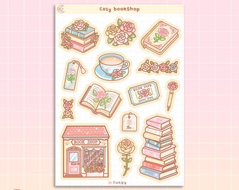 May include: A set of 11 stickers featuring a book shop theme with illustrations of books, roses, teacups, and a book shop storefront. The stickers are on a pink and white grid background. The text "Cosy bookshop" and "Cutiify" are included in the image.