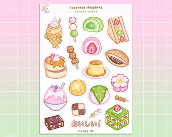 Feuille d'autocollants pour desserts japonais - mignons, kawaii, esthétiques, fraises, matcha, japon, autocollants de nourriture, de gâteau, de mochi, de konbini