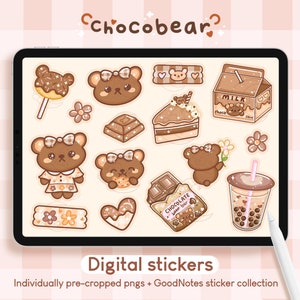 Adesivos digitais bonitos do urso Brown de Chocobear | GoodNotes Adesivos Kawaii Urso Bege Conjunto de adesivos para iPad Planejador Diário Pré-cortado PNG para impressão