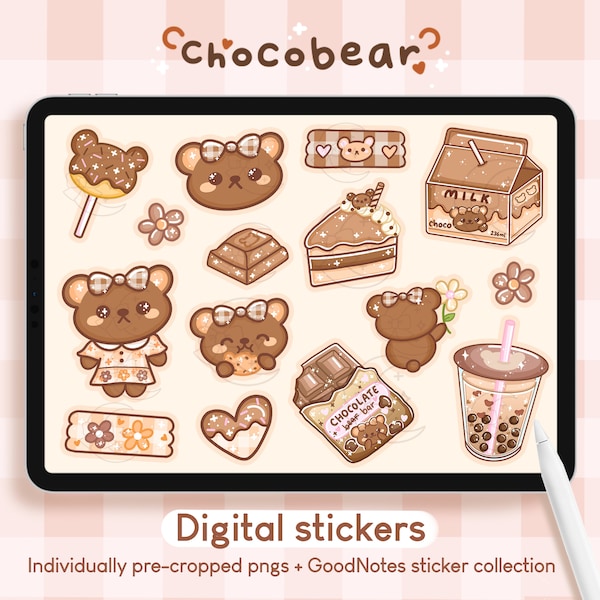 Chocobear Cute Brown Bear Digital Stickers | GoodNotes Stickers Kawaii Bear Beige iPad Sticker Set Planner Journal Precropped PNG Printables