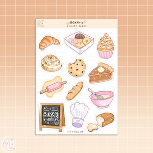 Op de afbeelding: Een stickervel met een bakkersthema. Het vel bevat verschillende bakkerijproducten, waaronder een croissant, kaneelrol, koekje, taart, brood, een deegroller, een kom met beslag, een koksmuts en een bakkersbord met de tekst "Bakkerij Open!" De stickers zijn in een cartoon-stijl met een roze en gele kleurschema.