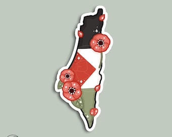 May include: A sticker featuring the outline of a country, colored with the Palestinian flag. Red poppies and green leaves are scattered around the outline, with a white border.