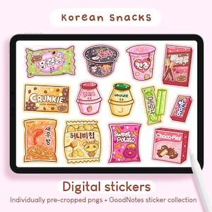 Adesivi per snack coreani / Adesivi per pianificatore digitale Goodnotes Adesivi per iPad con cibo asiatico giapponese kawaii carino, PNG pretagliati stampabili per diario