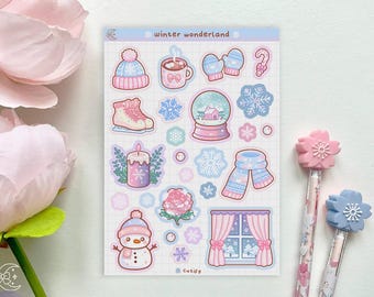 Winter Wonderland sticker sheet - cute pastel kawaii stickers, snow cold weather, coquette, january cold seasonal pink journal planner deco