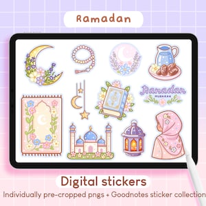 Stickers Ramadan islamique | Agenda numérique Goodnotes mignon Kawaii Islam musulman Hijabi Coran prière iPad autocollant, journal à imprimer PNG