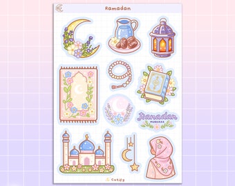 Ramadan sticker sheet - islamic, prayer, cute, kawaii, moon, muslim, quran, salah, prayer, hijabi gift, pastel journal planner deco stickers