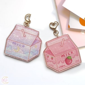 Lindos llaveros de cartón de leche kawaii: leche de fresa, ensueño, pastel, luna, estética, anime, llavero grande de resina, adorno para bolso.