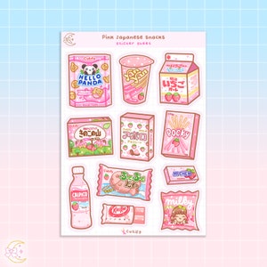 Foglio di adesivi con snack giapponesi rosa - carini, snack asiatici, kawaii, Giappone, konbini, dolci, caramelle, adesivi decorativi per diario alimentare e dessert