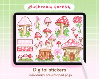 Mushroom Forest Digital Stickers | GoodNotes, Aesthetic Kawaii Sticker Pack for iPad, Planner Journal, Cottagecore Precropped PNG Printables