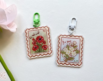 Palestine Syria Flowers Stamp Keychains, Poppies, Jasmine, Freedom, revolution, Free Palestine, cute Arabic keyring gift accessory for her