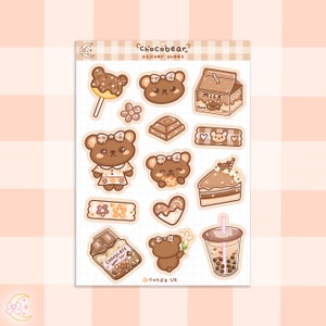 Chocobear Stickerbogen - süße, kawaii, Braunbär, Schokolade, Beige, Pfirsich, Boba Tea, Kaffee Braun niedliche Tier Journal Planer Sticker