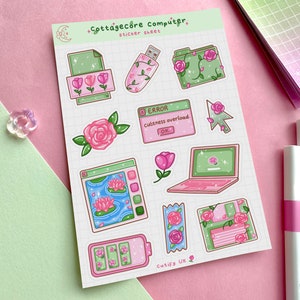 Folha de adesivos de computador Cottagecore - adesivos fofos, kawaii, estéticos, florais, flores, tecnologia, rosa e verde, planejador de diário